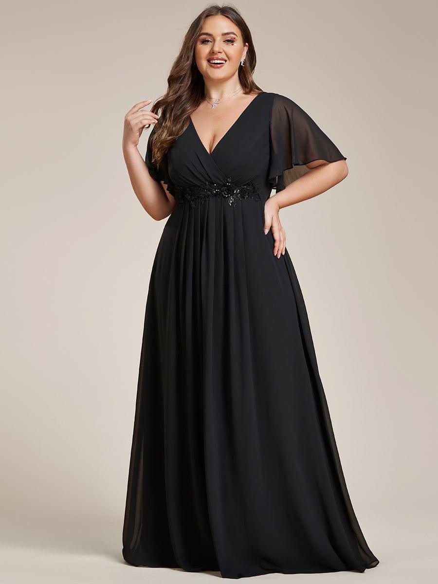 Stylish Plus Size V-Neck Appliques Chiffon Formal Evening Dress with Short Sleeves