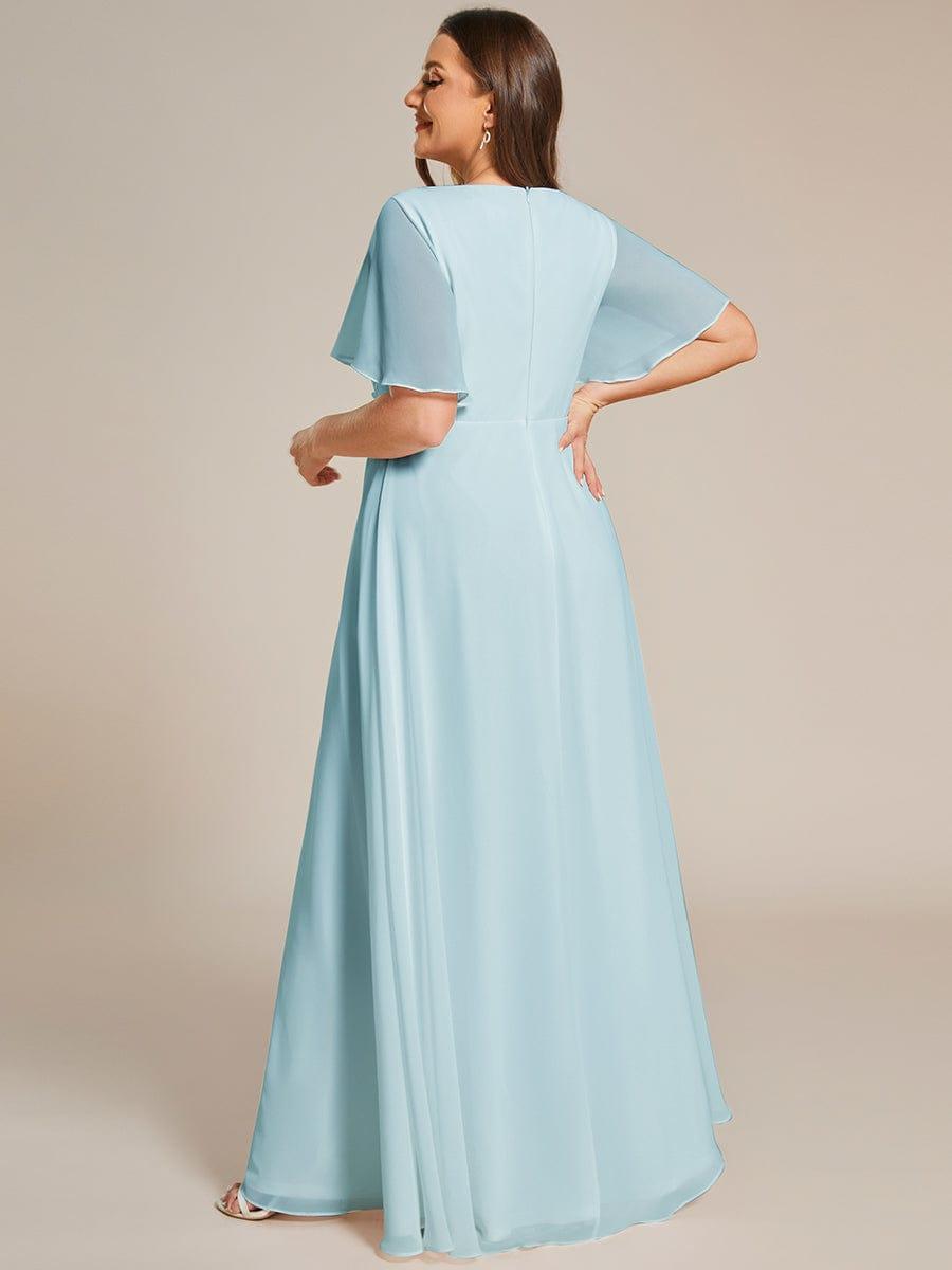 Stylish Plus Size V-Neck Appliques Chiffon Formal Evening Dress with Short Sleeves