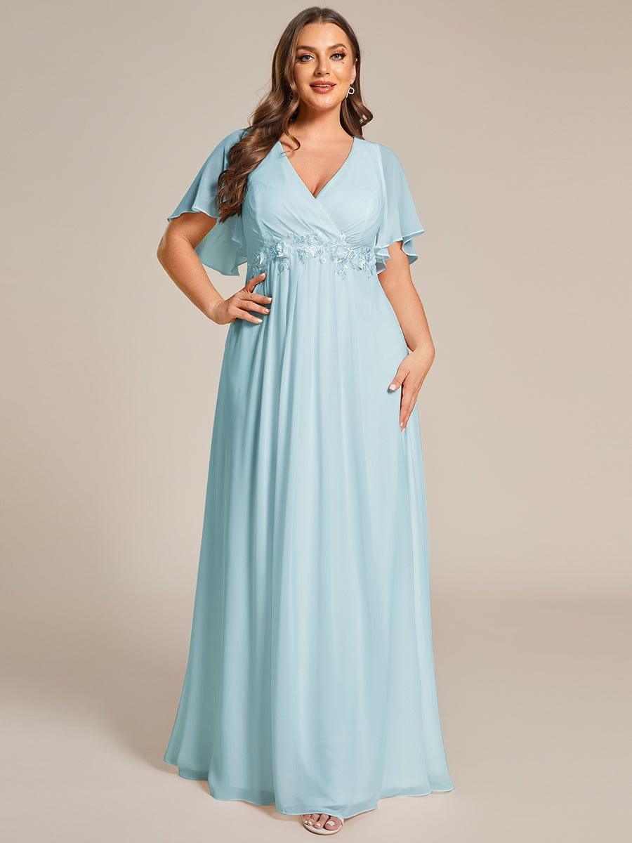 Stylish Plus Size V-Neck Appliques Chiffon Formal Evening Dress with Short Sleeves