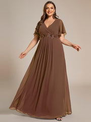 Stylish Plus Size V-Neck Appliques Chiffon Formal Evening Dress with Short Sleeves
