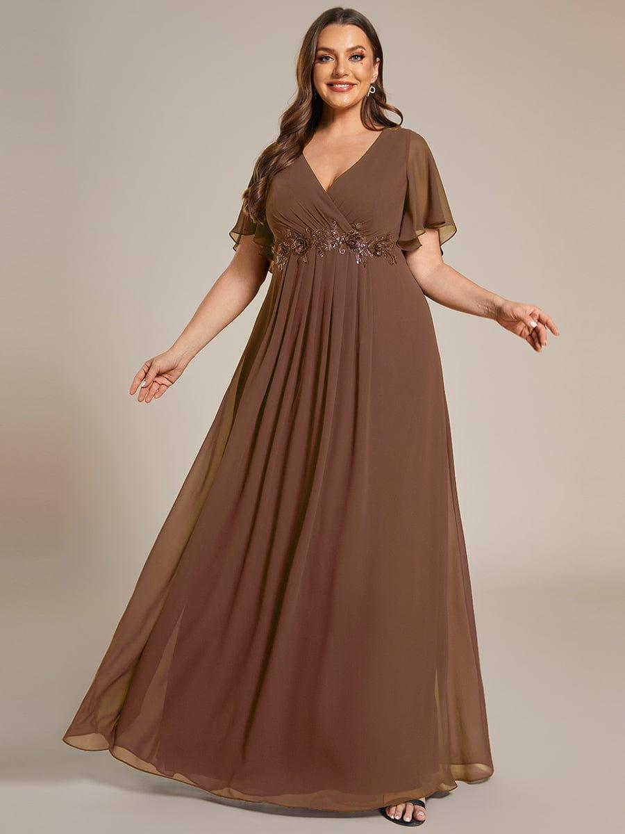 Stylish Plus Size V-Neck Appliques Chiffon Formal Evening Dress with Short Sleeves
