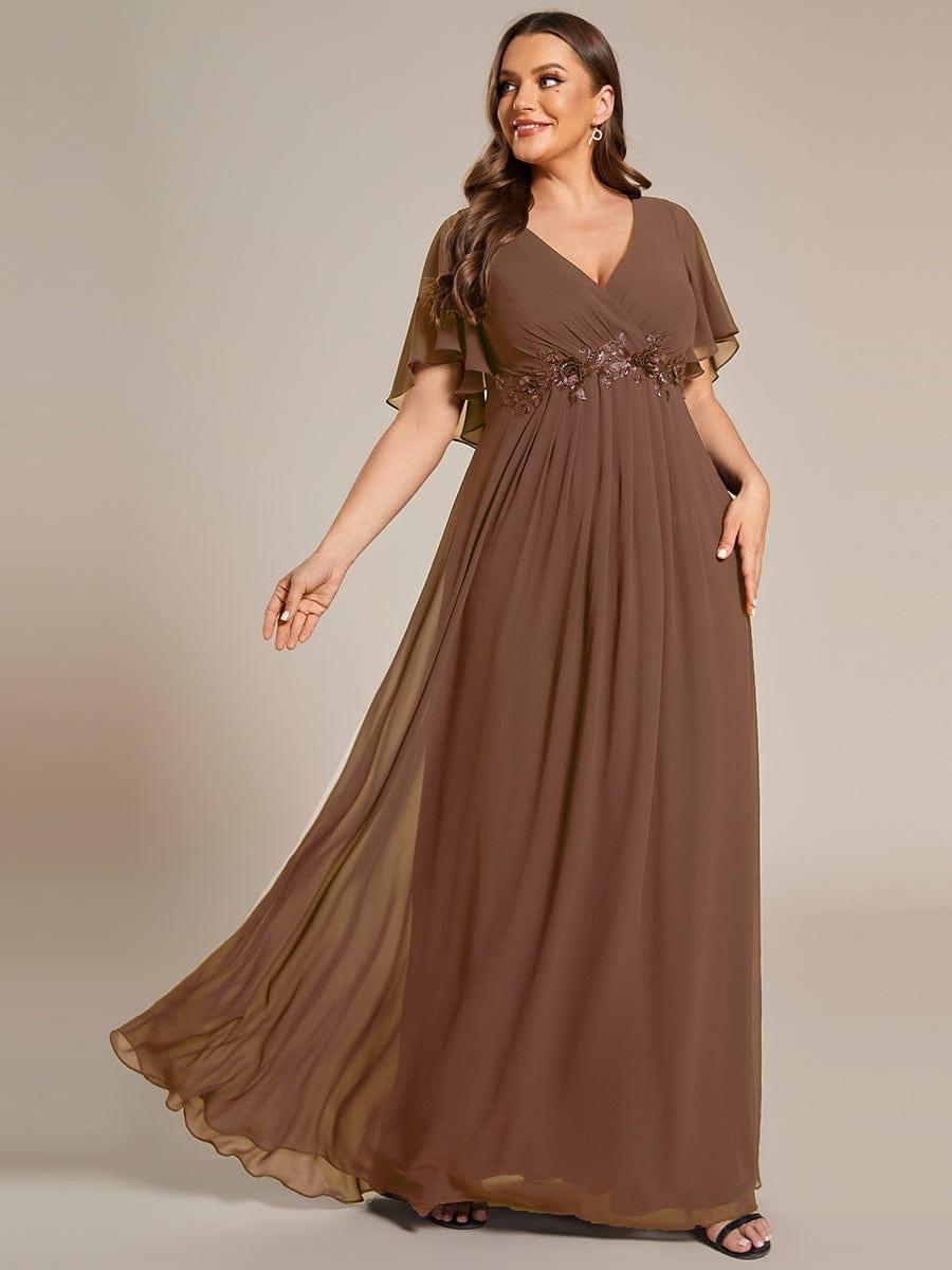 Stylish Plus Size V-Neck Appliques Chiffon Formal Evening Dress with Short Sleeves