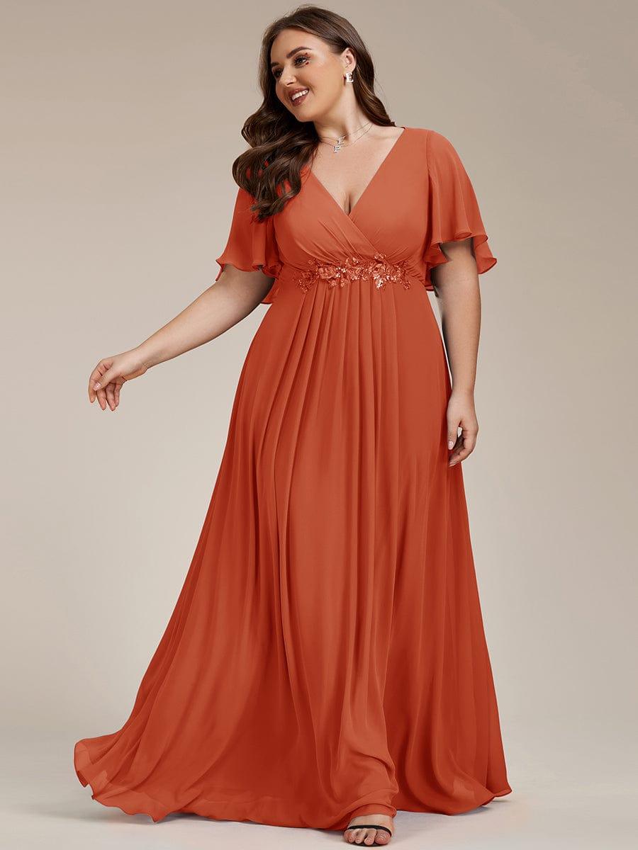 Stylish Plus Size V-Neck Appliques Chiffon Formal Evening Dress with Short Sleeves
