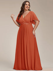 Stylish Plus Size V-Neck Appliques Chiffon Formal Evening Dress with Short Sleeves
