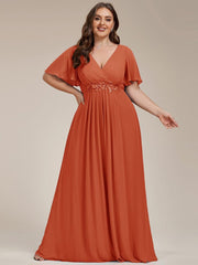 Stylish Plus Size V-Neck Appliques Chiffon Formal Evening Dress with Short Sleeves
