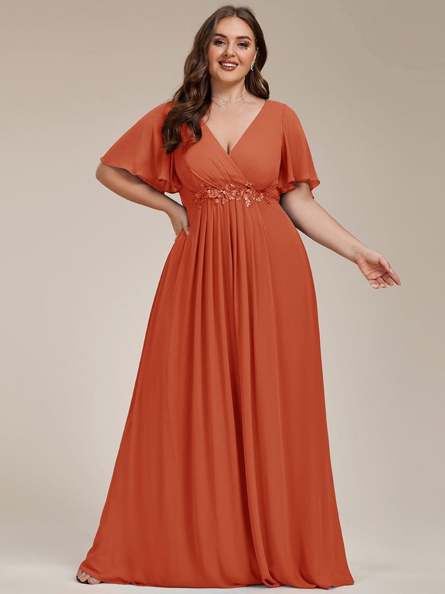 Stylish Plus Size V-Neck Appliques Chiffon Formal Evening Dress with Short Sleeves