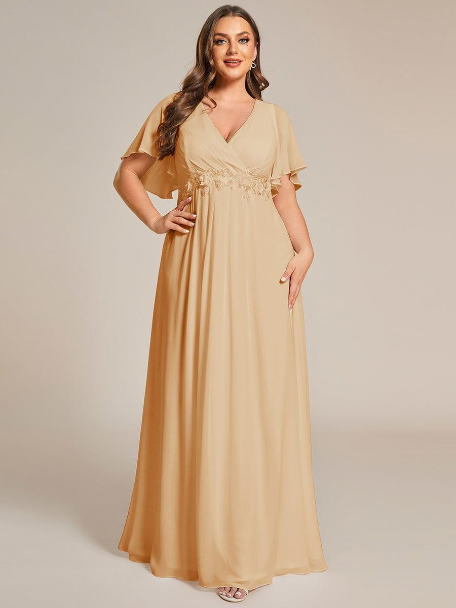 Stylish Plus Size V-Neck Appliques Chiffon Formal Evening Dress with Short Sleeves