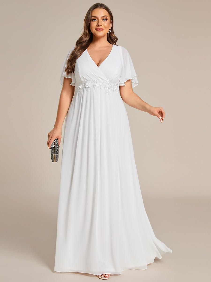 Stylish Plus Size V-Neck Appliques Chiffon Formal Evening Dress with Short Sleeves