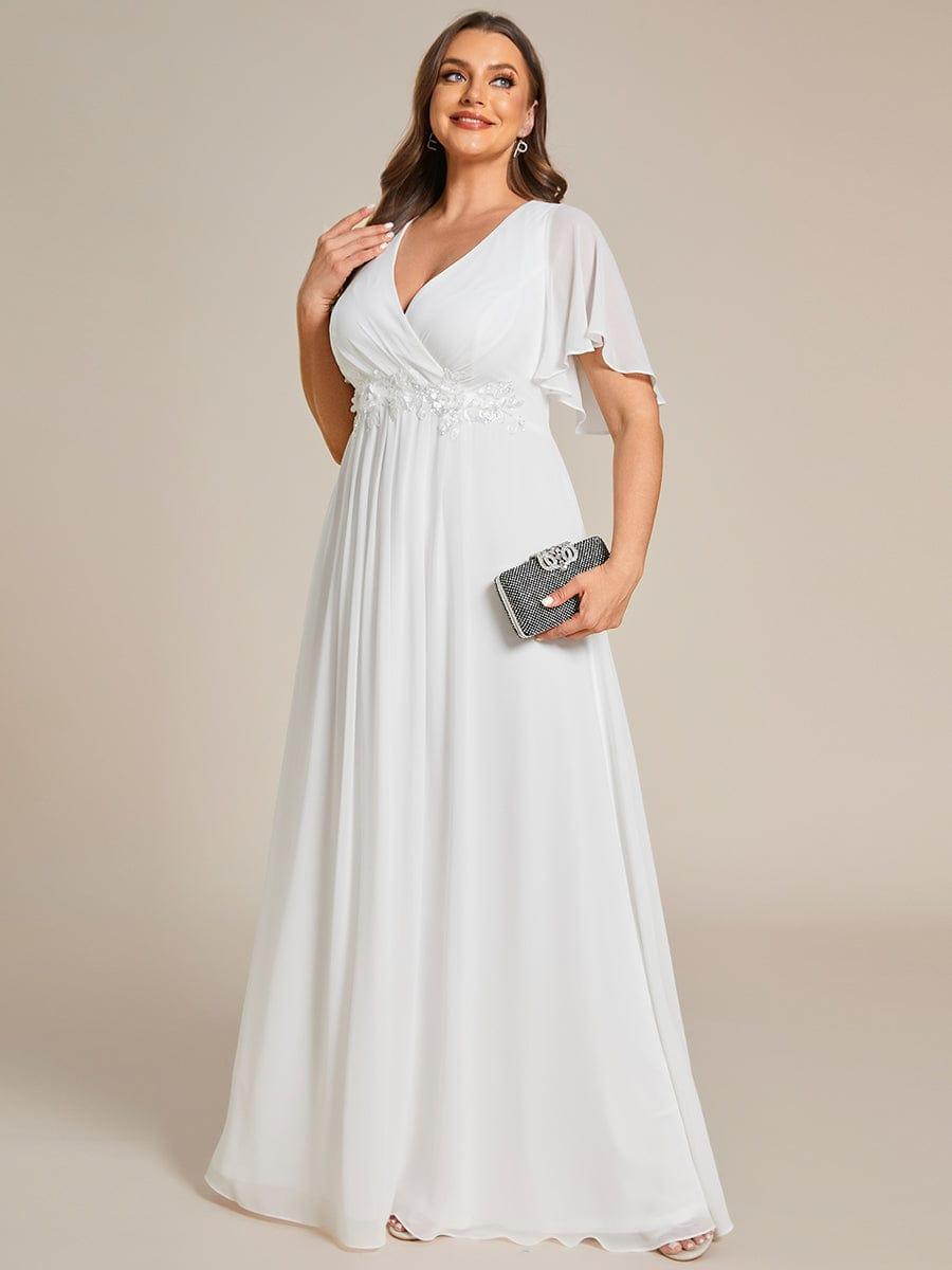 Stylish Plus Size V-Neck Appliques Chiffon Formal Evening Dress with Short Sleeves