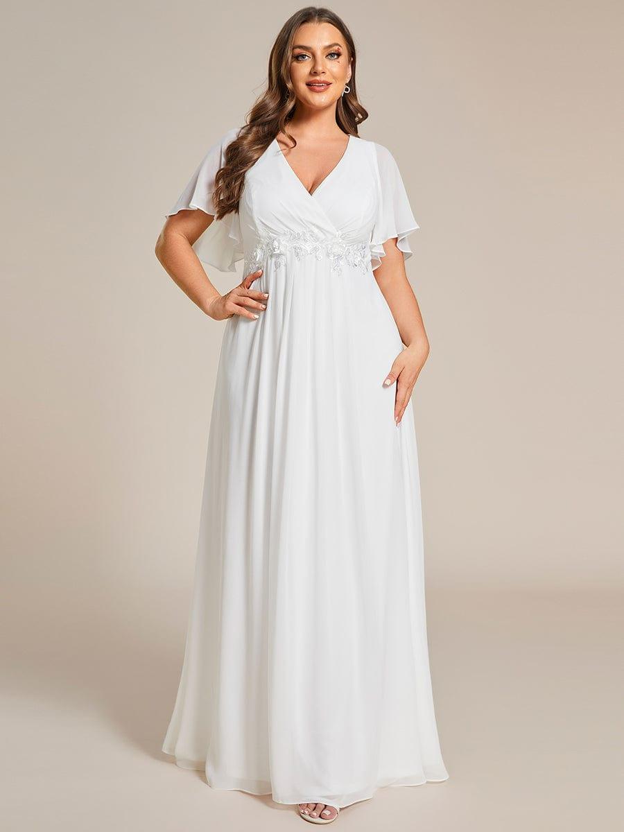 Stylish Plus Size V-Neck Appliques Chiffon Formal Evening Dress with Short Sleeves
