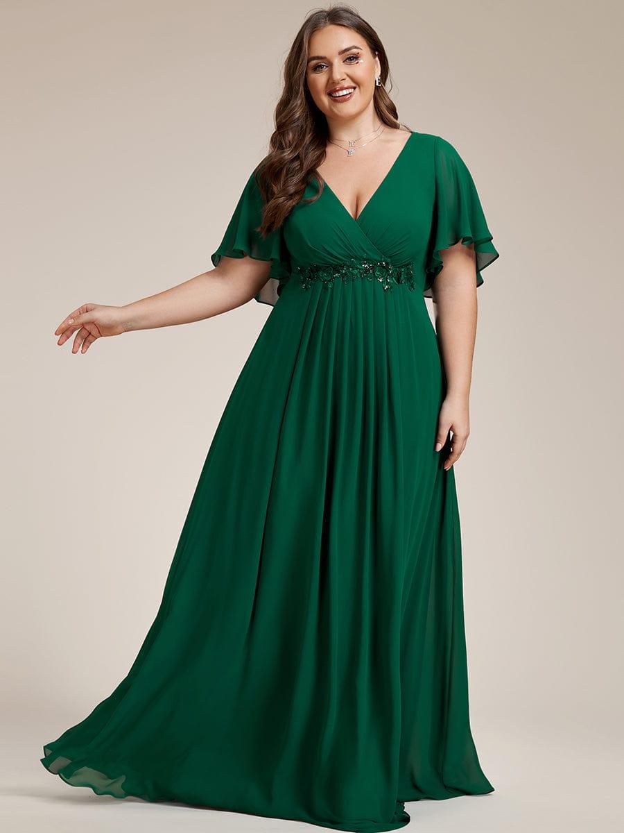 Stylish Plus Size V-Neck Appliques Chiffon Formal Evening Dress with Short Sleeves