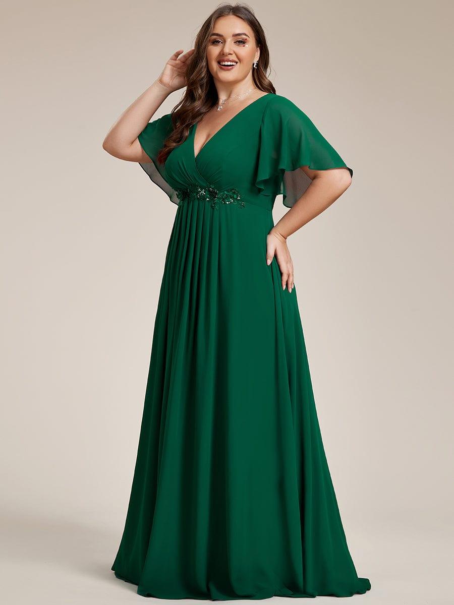 Stylish Plus Size V-Neck Appliques Chiffon Formal Evening Dress with Short Sleeves