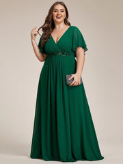 Stylish Plus Size V-Neck Appliques Chiffon Formal Evening Dress with Short Sleeves