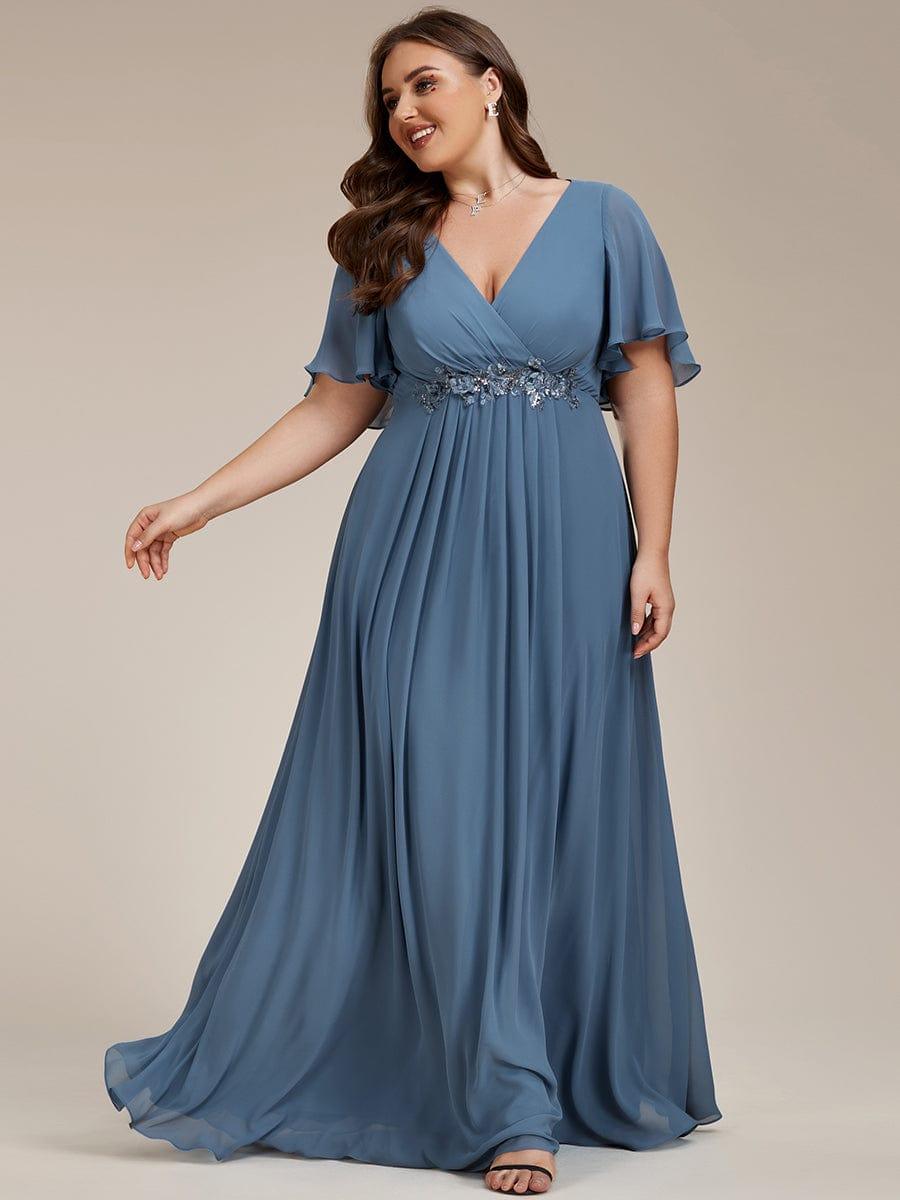 Stylish Plus Size V-Neck Appliques Chiffon Formal Evening Dress with Short Sleeves