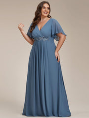 Stylish Plus Size V-Neck Appliques Chiffon Formal Evening Dress with Short Sleeves