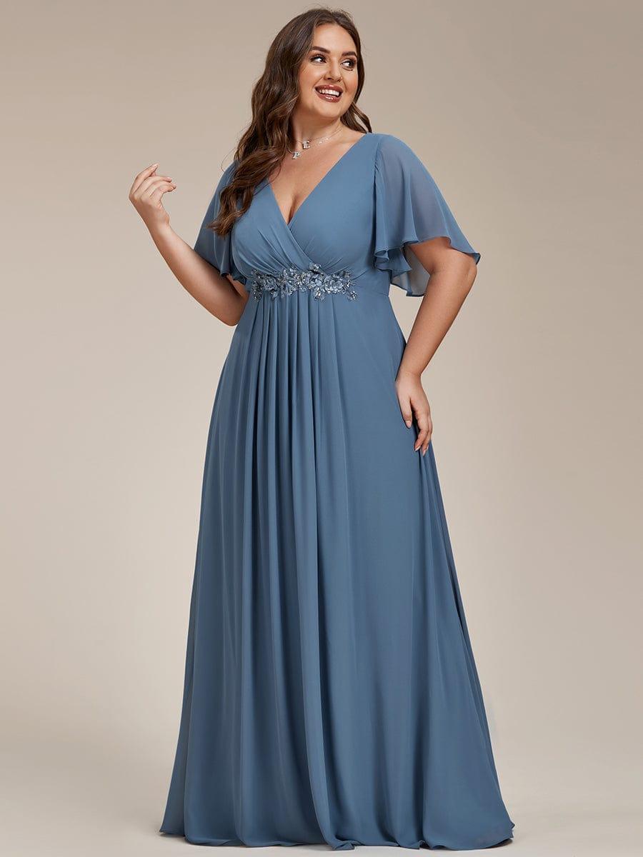 Stylish Plus Size V-Neck Appliques Chiffon Formal Evening Dress with Short Sleeves