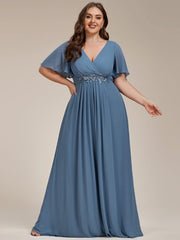Stylish Plus Size V-Neck Appliques Chiffon Formal Evening Dress with Short Sleeves