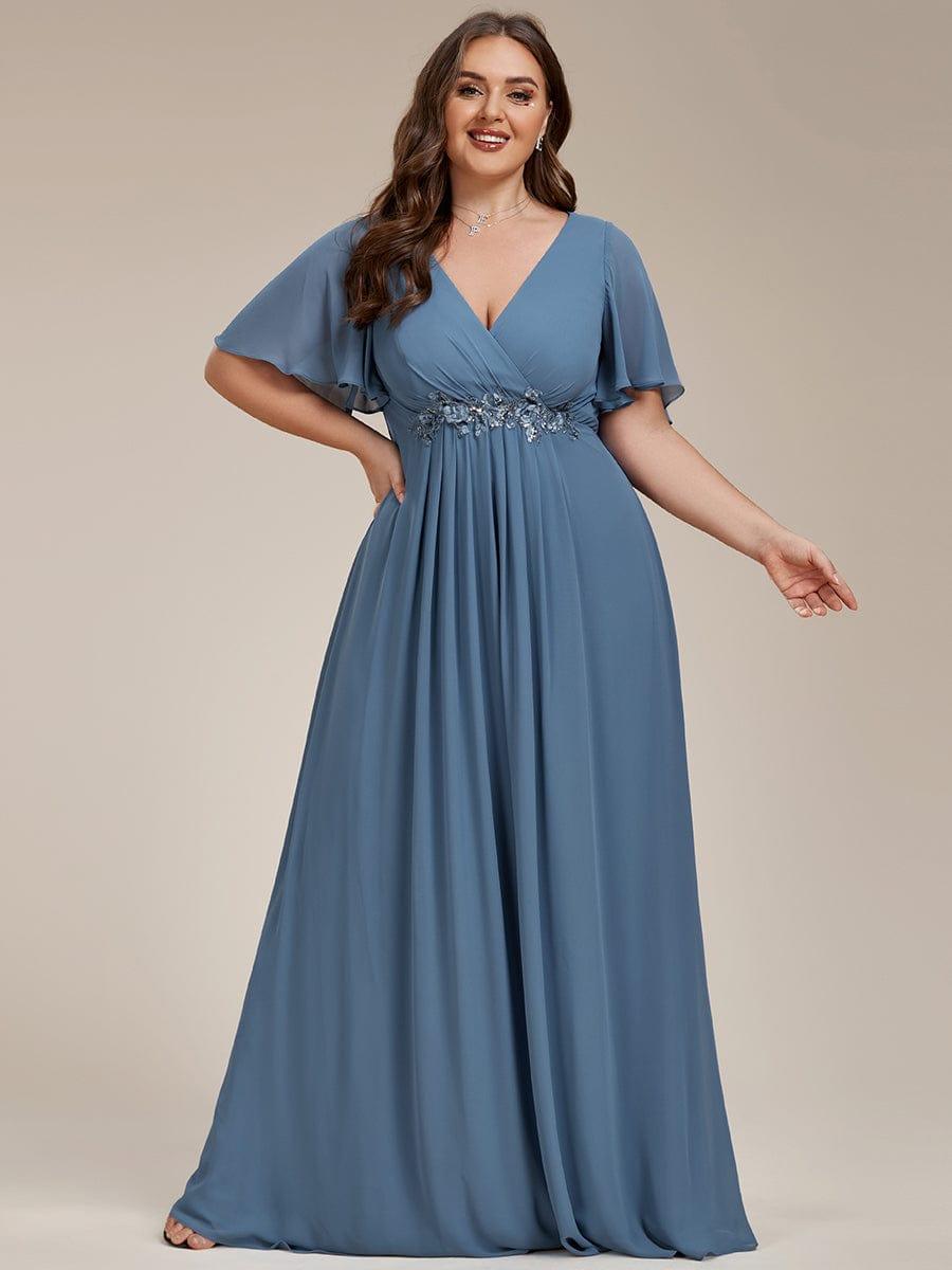 Stylish Plus Size V-Neck Appliques Chiffon Formal Evening Dress with Short Sleeves