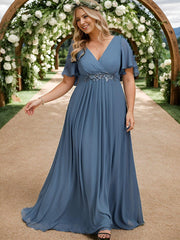 Stylish Plus Size V-Neck Appliques Chiffon Formal Evening Dress with Short Sleeves