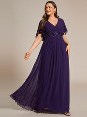 Stylish Plus Size V-Neck Appliques Chiffon Formal Evening Dress with Short Sleeves