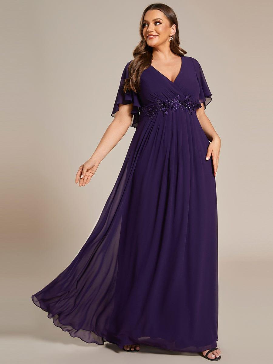 Stylish Plus Size V-Neck Appliques Chiffon Formal Evening Dress with Short Sleeves