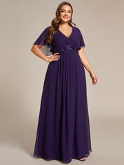 Stylish Plus Size V-Neck Appliques Chiffon Formal Evening Dress with Short Sleeves