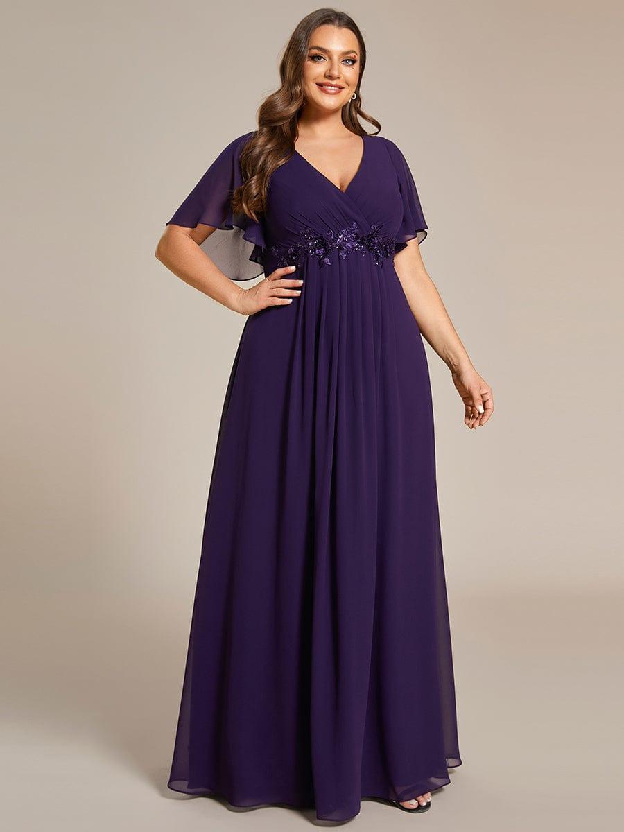 Stylish Plus Size V-Neck Appliques Chiffon Formal Evening Dress with Short Sleeves
