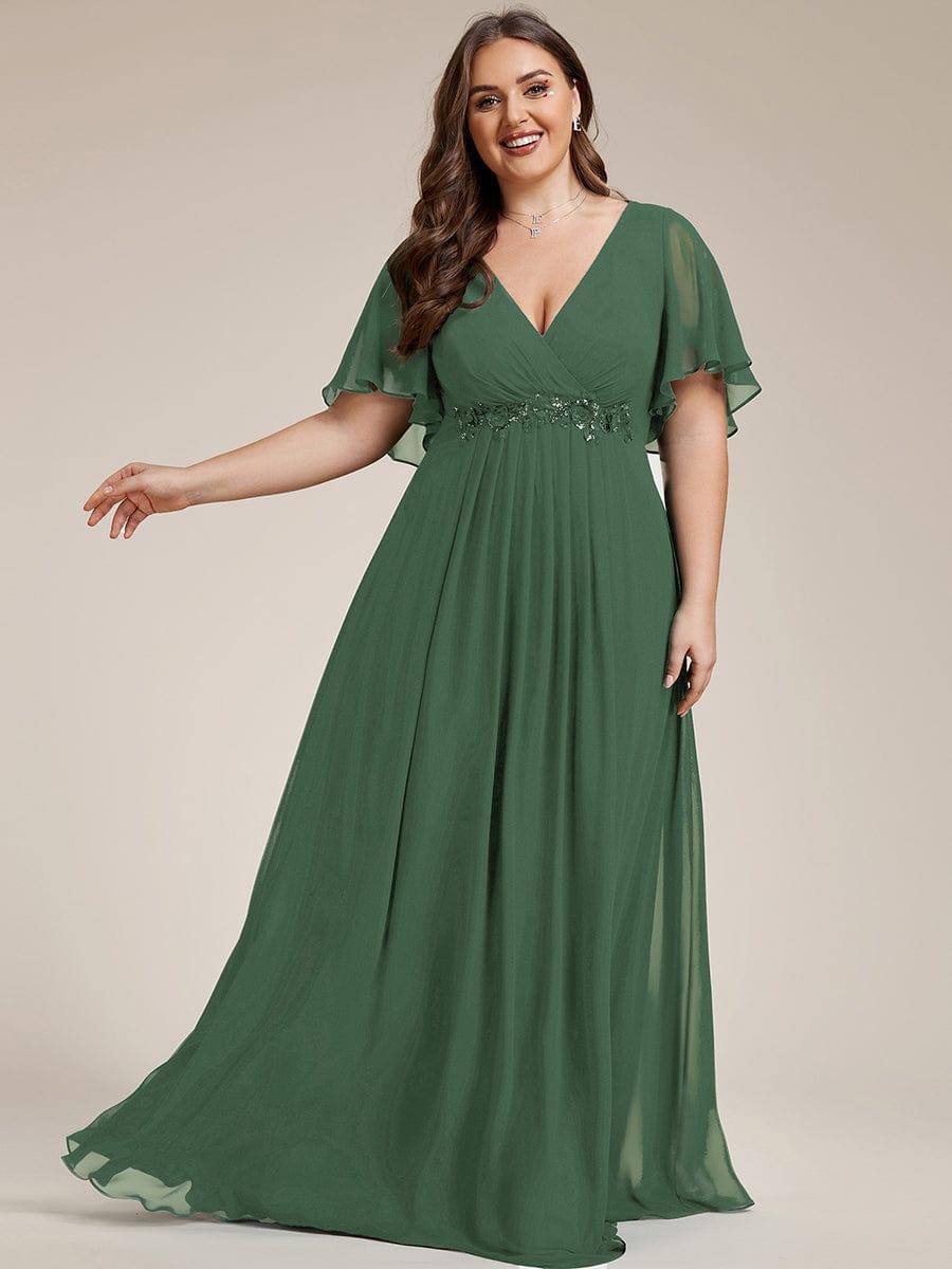 Stylish Plus Size V-Neck Appliques Chiffon Formal Evening Dress with Short Sleeves