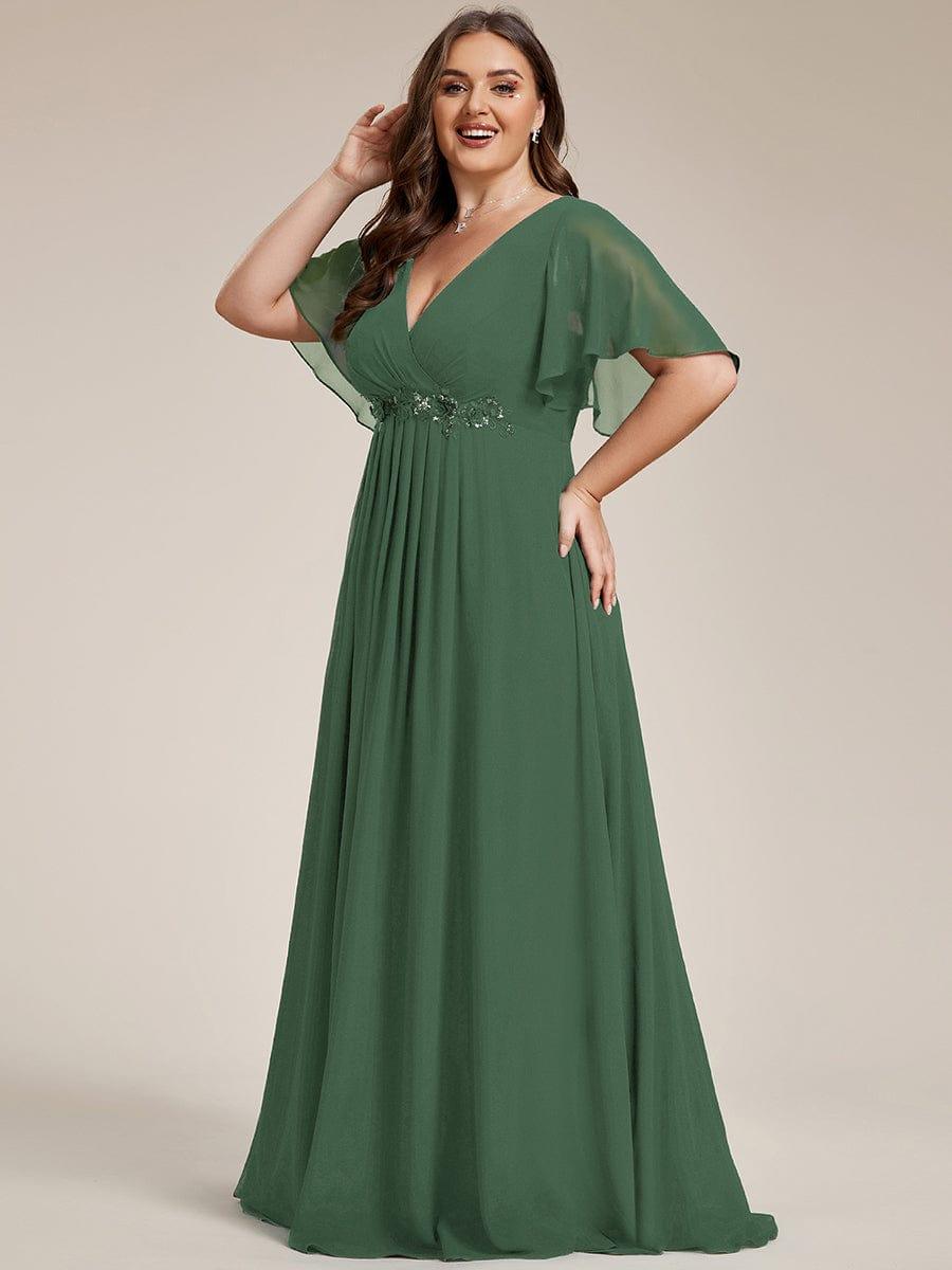 Stylish Plus Size V-Neck Appliques Chiffon Formal Evening Dress with Short Sleeves