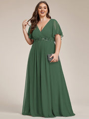 Stylish Plus Size V-Neck Appliques Chiffon Formal Evening Dress with Short Sleeves