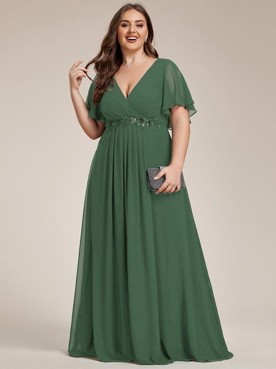 Stylish Plus Size V-Neck Appliques Chiffon Formal Evening Dress with Short Sleeves
