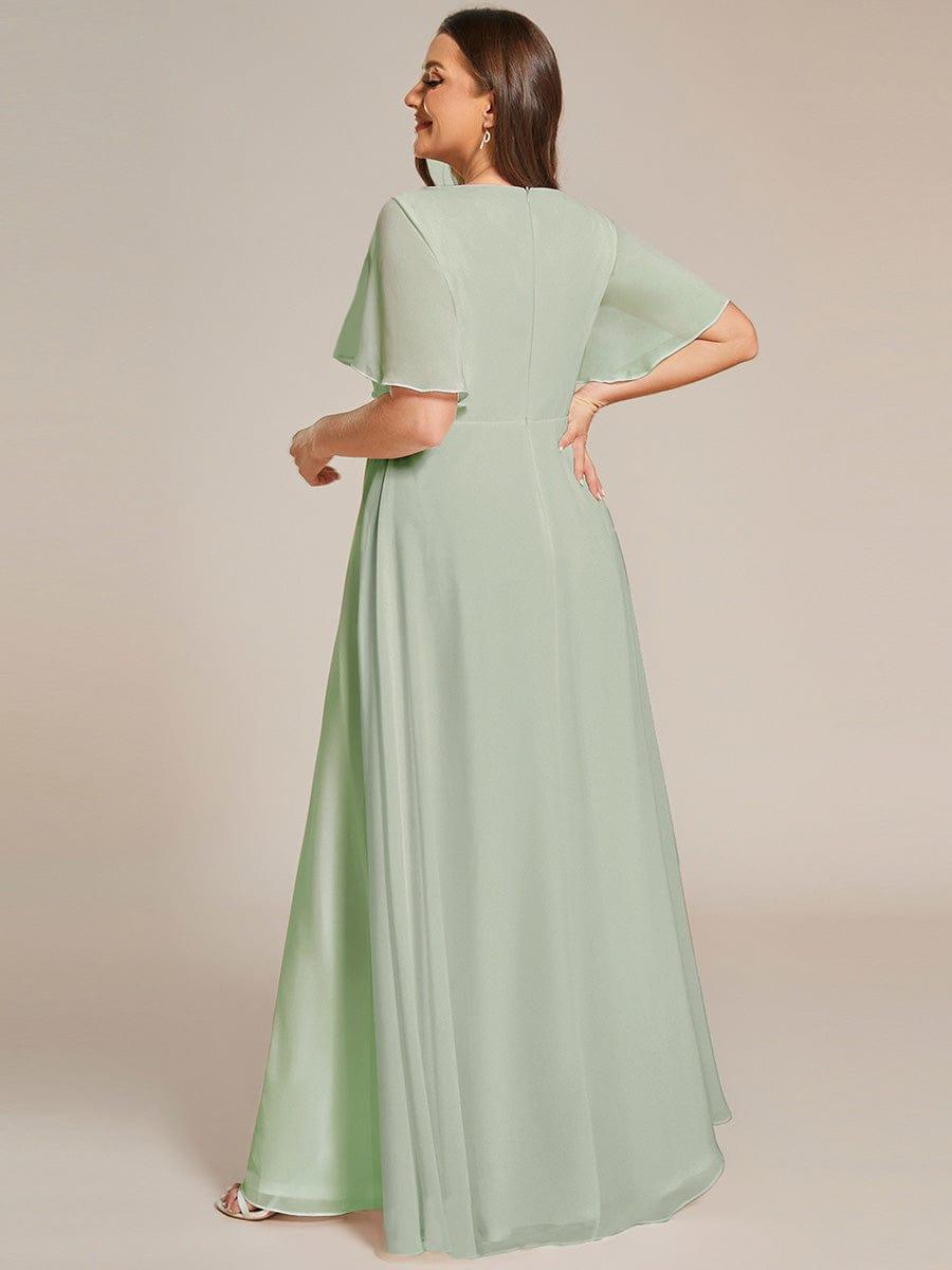 Stylish Plus Size V-Neck Appliques Chiffon Formal Evening Dress with Short Sleeves