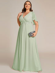 Stylish Plus Size V-Neck Appliques Chiffon Formal Evening Dress with Short Sleeves
