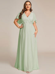 Stylish Plus Size V-Neck Appliques Chiffon Formal Evening Dress with Short Sleeves