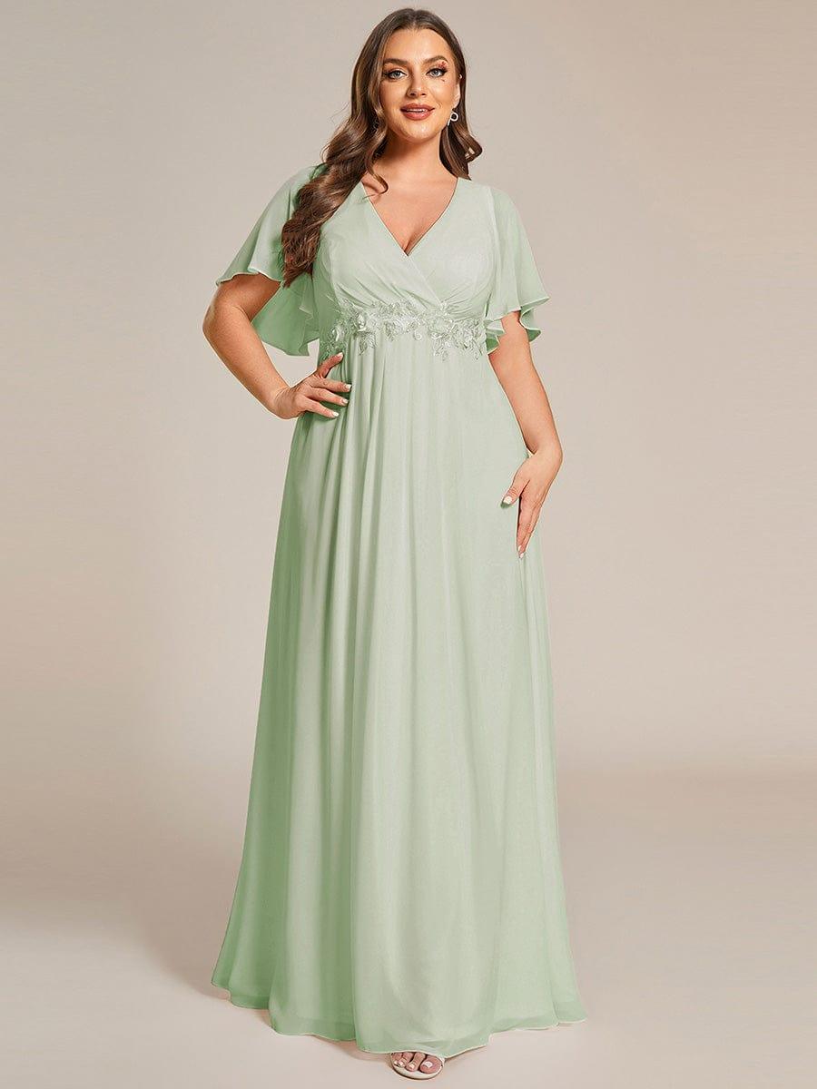 Stylish Plus Size V-Neck Appliques Chiffon Formal Evening Dress with Short Sleeves