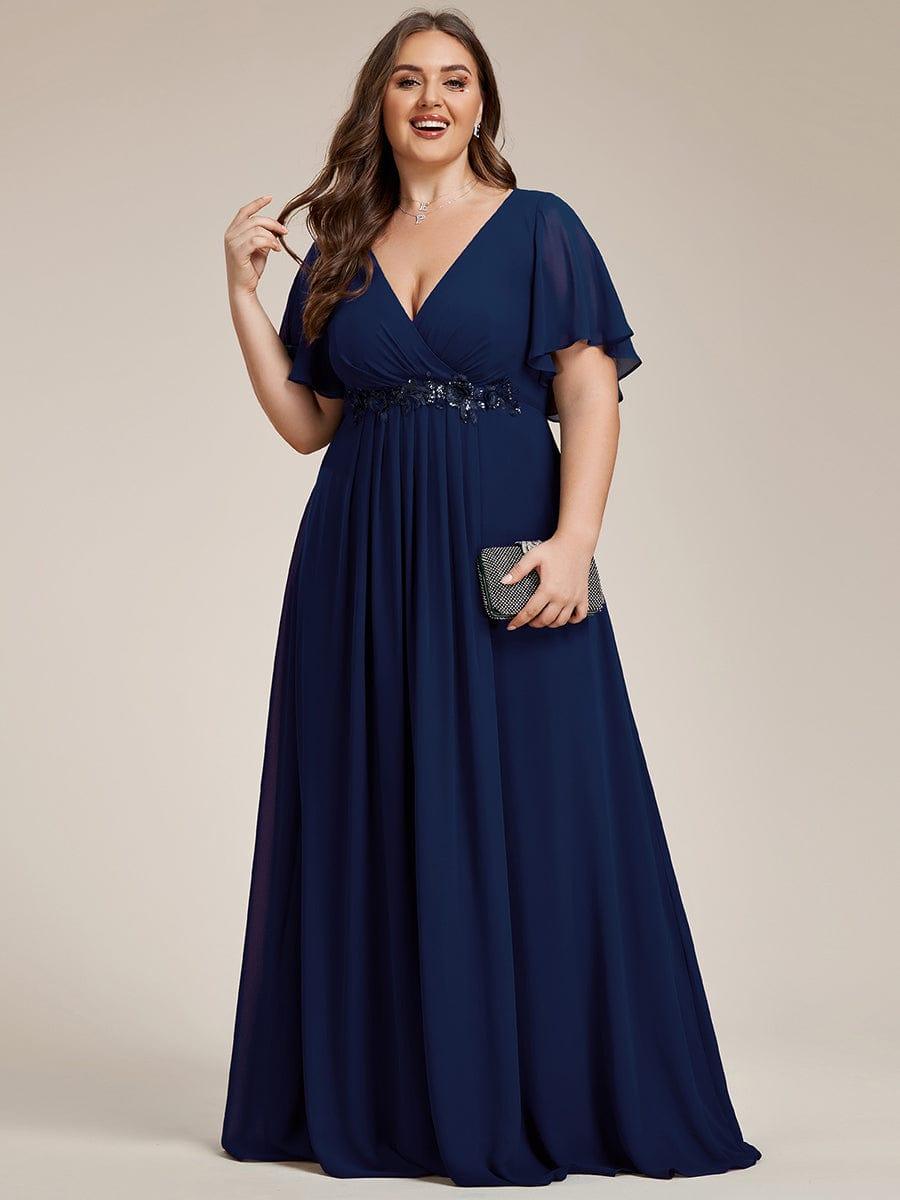 Stylish Plus Size V-Neck Appliques Chiffon Formal Evening Dress with Short Sleeves
