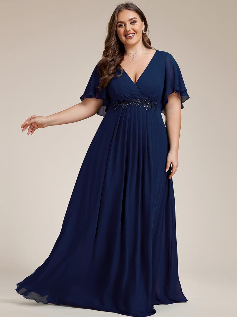 Stylish Plus Size V-Neck Appliques Chiffon Formal Evening Dress with Short Sleeves