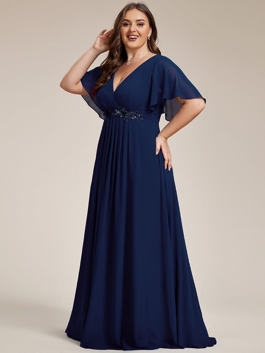 Stylish Plus Size V-Neck Appliques Chiffon Formal Evening Dress with Short Sleeves