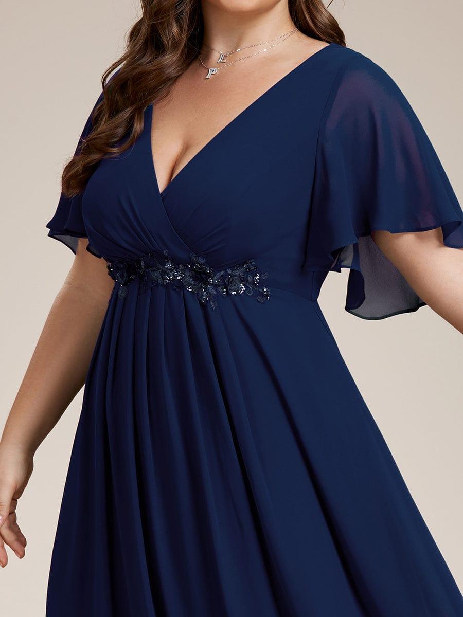 Stylish Plus Size V-Neck Appliques Chiffon Formal Evening Dress with Short Sleeves