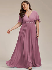 Stylish Plus Size V-Neck Appliques Chiffon Formal Evening Dress with Short Sleeves