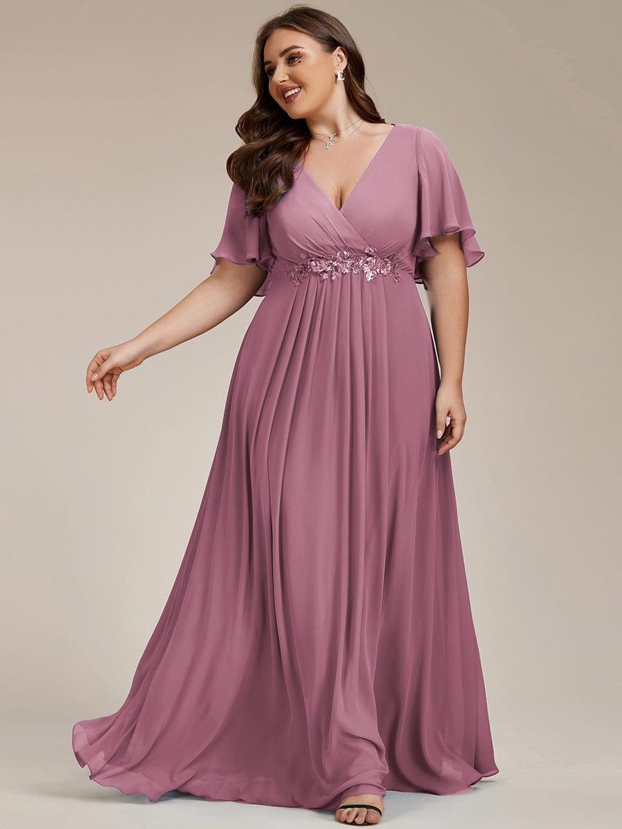 Stylish Plus Size V-Neck Appliques Chiffon Formal Evening Dress with Short Sleeves