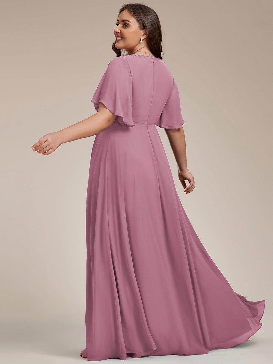 Stylish Plus Size V-Neck Appliques Chiffon Formal Evening Dress with Short Sleeves