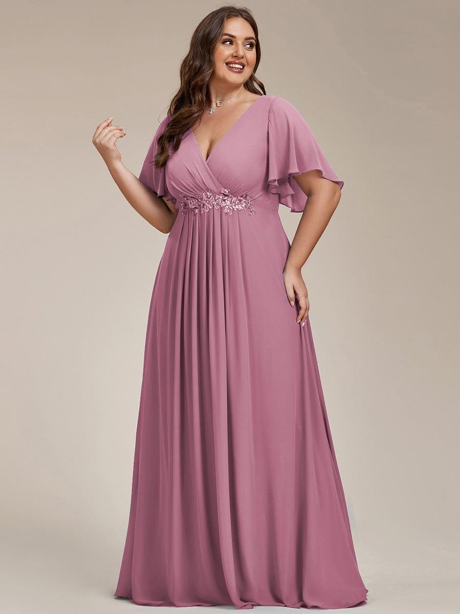 Stylish Plus Size V-Neck Appliques Chiffon Formal Evening Dress with Short Sleeves