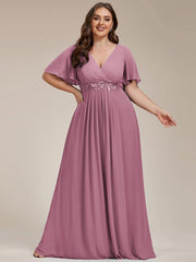 Stylish Plus Size V-Neck Appliques Chiffon Formal Evening Dress with Short Sleeves