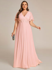 Stylish Plus Size V-Neck Appliques Chiffon Formal Evening Dress with Short Sleeves