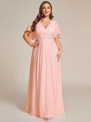 Stylish Plus Size V-Neck Appliques Chiffon Formal Evening Dress with Short Sleeves