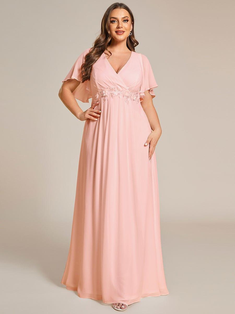 Stylish Plus Size V-Neck Appliques Chiffon Formal Evening Dress with Short Sleeves