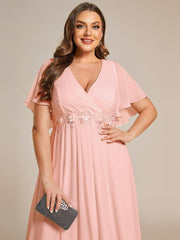 Stylish Plus Size V-Neck Appliques Chiffon Formal Evening Dress with Short Sleeves
