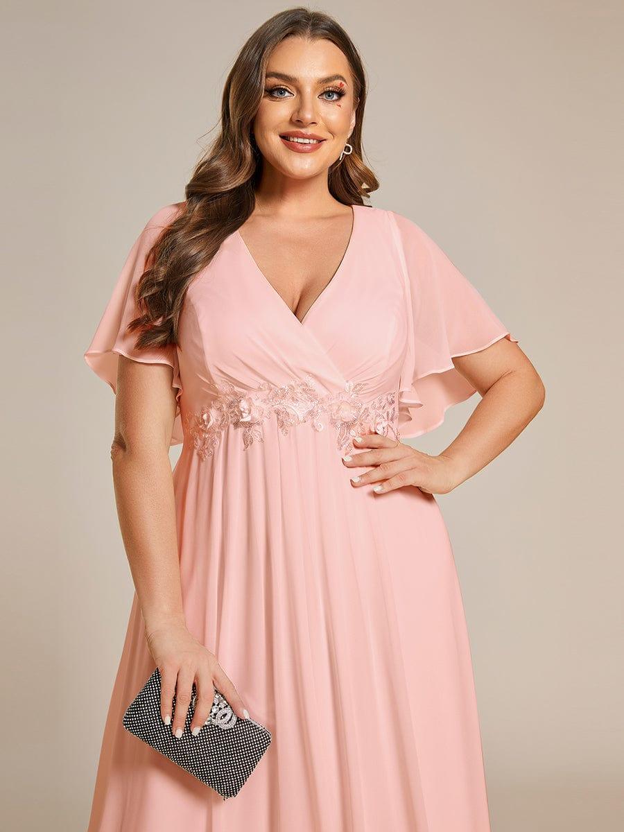 Stylish Plus Size V-Neck Appliques Chiffon Formal Evening Dress with Short Sleeves