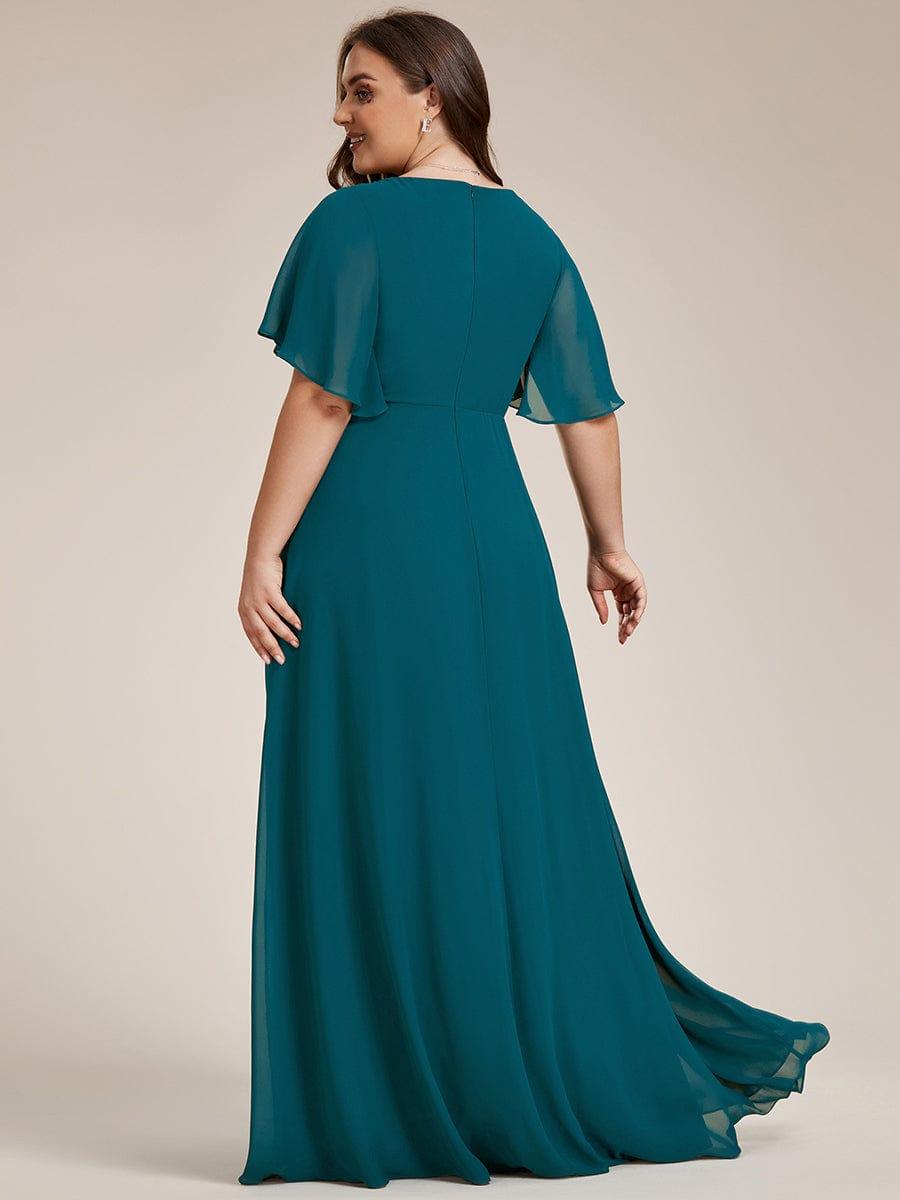 Stylish Plus Size V-Neck Appliques Chiffon Formal Evening Dress with Short Sleeves